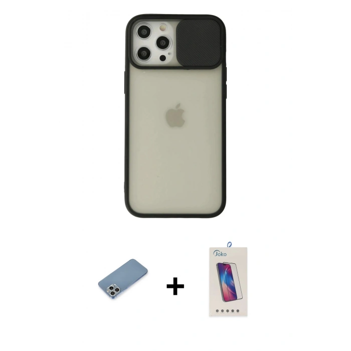 MARSİLYAN™- iPhone 12 Pro Max Kılıf Vadi Çizgi - Siyah Joko 5D Cam + Shine Kamera Lens Koruma Cam - GS