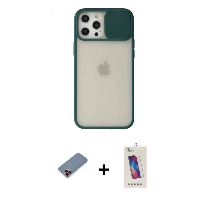 MARSİLYAN™- iPhone 12 Pro Max Kılıf Vadi Çizgi - Siyah Joko 5D Cam + Metal Kamera Lens Koruma Cam - KI