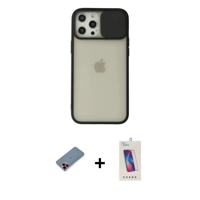 MARSİLYAN™- iPhone 12 Pro Max Kılıf Vadi Çizgi - Siyah Joko 5D Cam + Metal Kamera Lens Koruma Cam - KI