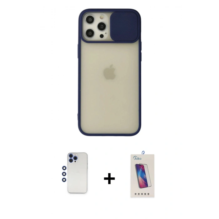 MARSİLYAN™- iPhone 12 Pro Max Kılıf Vadi Çizgi - Siyah Joko 5D Cam + Lacivert Shine Kamera Lens