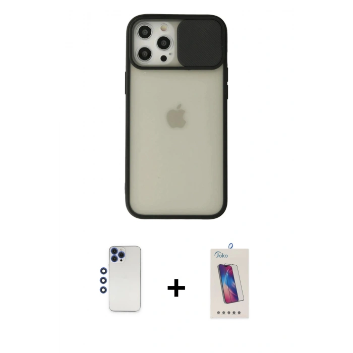 MARSİLYAN™- iPhone 12 Pro Max Kılıf Vadi Çizgi - Siyah Joko 5D Cam + Lacivert Shine Kamera Lens