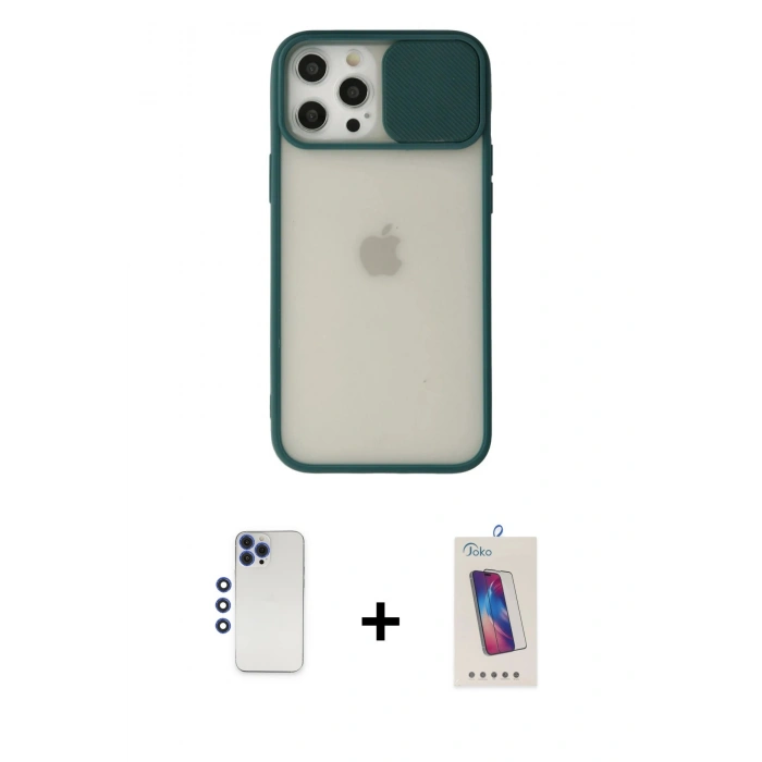 MARSİLYAN™- iPhone 12 Pro Max Kılıf Vadi Çizgi - Siyah Joko 5D Cam + Lacivert Shine Kamera Lens