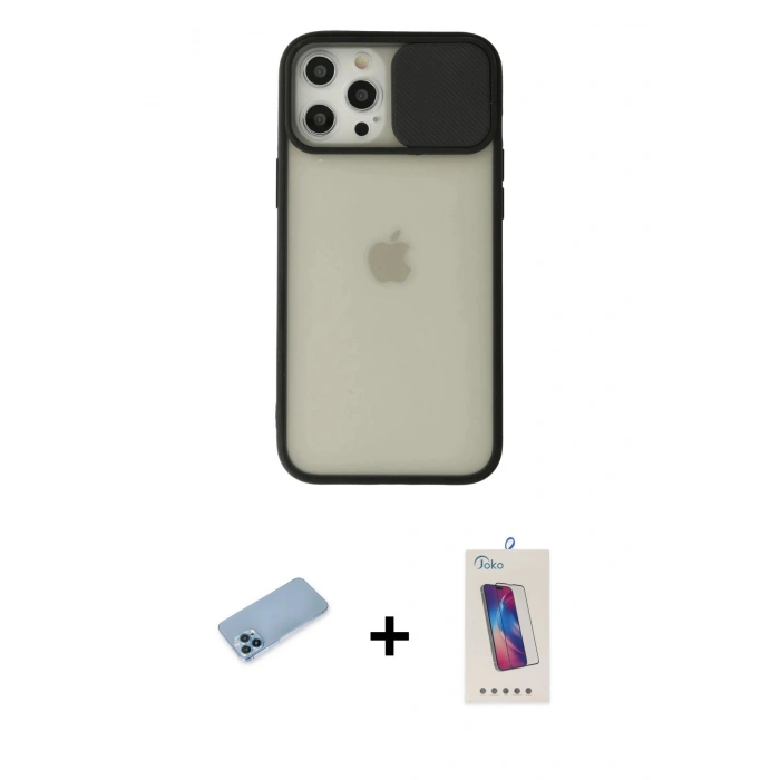 MARSİLYAN™- iPhone 12 Pro Max Kılıf Vadi Çizgi - Siyah Joko 5D Cam + Shine Kamera Lens Koruma Cam - MI