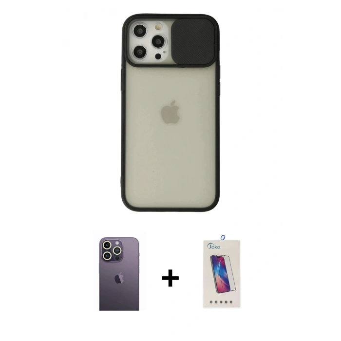 MARSİLYAN™- iPhone 12 Pro Max Kılıf Vadi Çizgi - Siyah Joko 5D Cam + Neon Fosforlu Kamera Lens - BZ