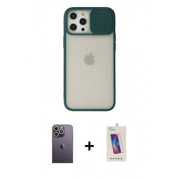 MARSİLYAN™- iPhone 12 Pro Max Kılıf Vadi Çizgi - Siyah Joko 5D Cam + Neon Fosforlu Kamera Lens - BZ