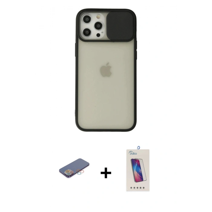 MARSİLYAN™- iPhone 12 Pro Max Kılıf Vadi Çizgi - Siyah Joko 5D Cam + Renkli Kamera Lens Koruma Cam - PE