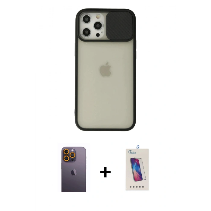 MARSİLYAN™- iPhone 12 Pro Max Kılıf Vadi Çizgi - Siyah Joko 5D Cam + Neon Fosforlu Kamera Lens - SI