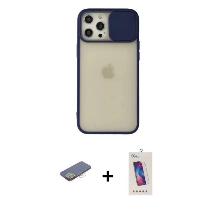 MARSİLYAN™- iPhone 12 Pro Max Kılıf Vadi Çizgi - Siyah Joko 5D Cam + Renkli Kamera Lens Koruma Cam - SI