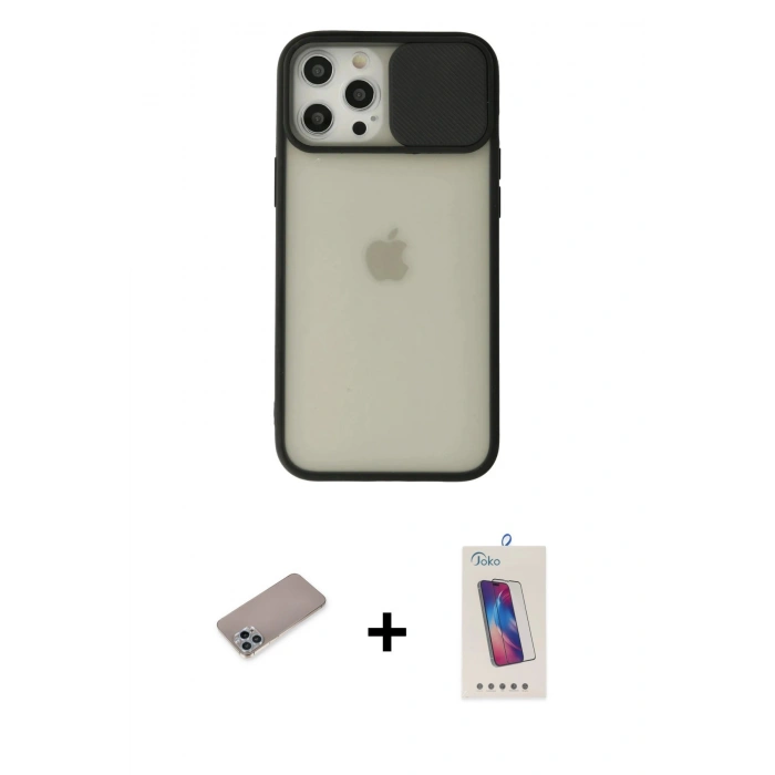 MARSİLYAN™- iPhone 12 Pro Max Kılıf Vadi Çizgi - Siyah Joko 5D Cam + Shine Kamera Lens Koruma Cam - SABE