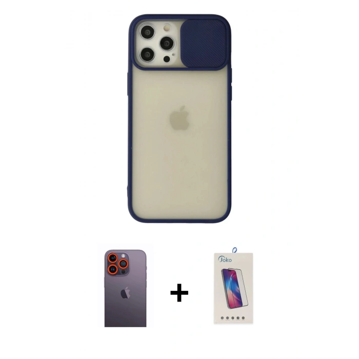MARSİLYAN™- iPhone 12 Pro Max Kılıf Vadi Çizgi - Siyah Joko 5D Cam + Neon Fosforlu Kamera Lens - TU