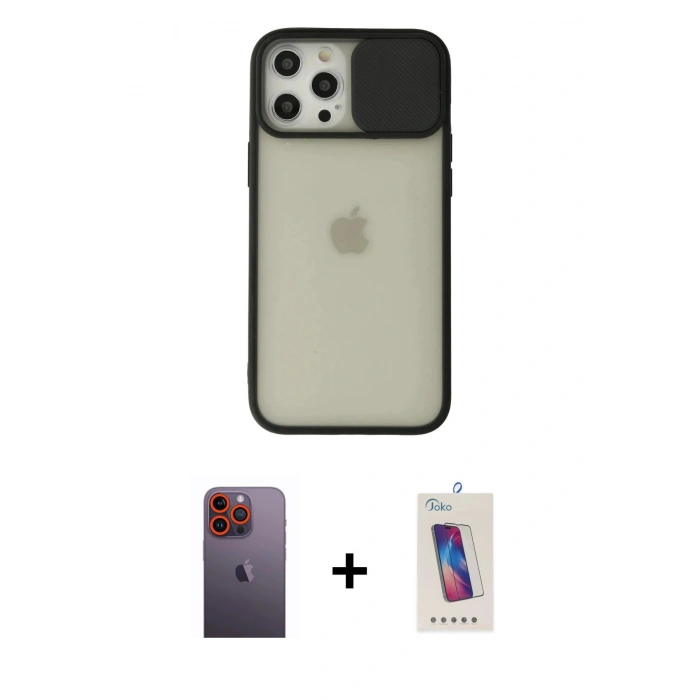 MARSİLYAN™- iPhone 12 Pro Max Kılıf Vadi Çizgi - Siyah Joko 5D Cam + Neon Fosforlu Kamera Lens - TU