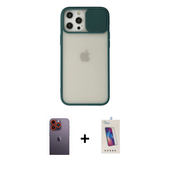 MARSİLYAN™- iPhone 12 Pro Max Kılıf Vadi Çizgi - Siyah Joko 5D Cam + Neon Fosforlu Kamera Lens - TU