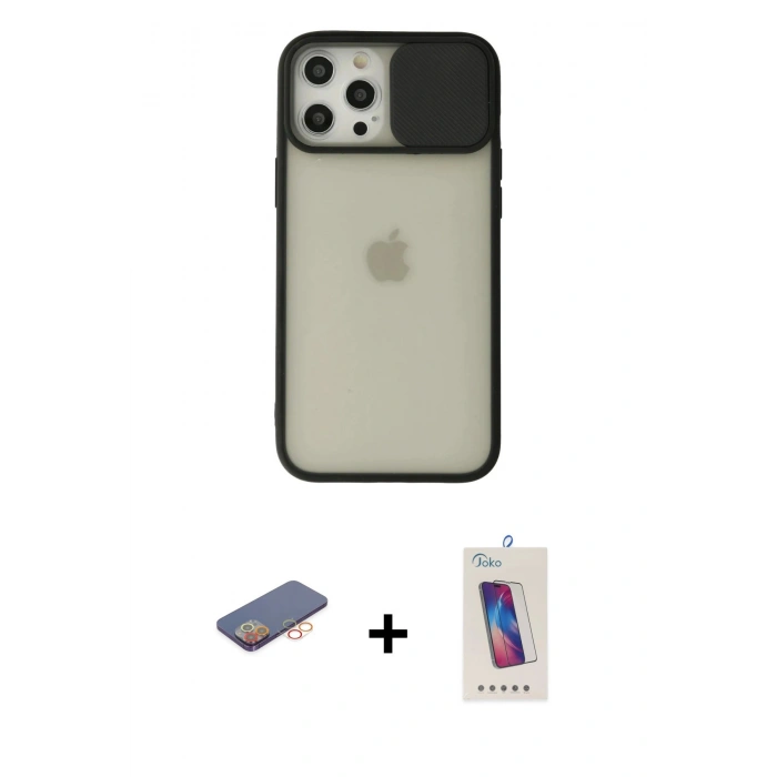 MARSİLYAN™- iPhone 12 Pro Max Kılıf Vadi Çizgi - Siyah Joko 5D Cam + Renkli Kamera Lens Koruma Cam - TU