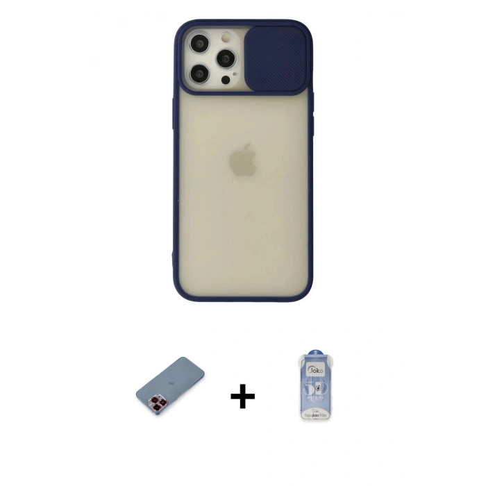 MARSİLYAN™- iPhone 12 Pro Max Kılıf Vadi Çizgi - Siyah Joko Magic 5D Cam + Kırmızı Metal Kamera Lens Koruma Cam