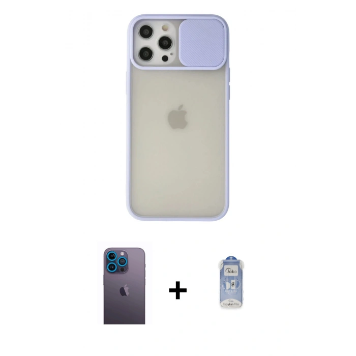 MARSİLYAN™- iPhone 12 Pro Max Kılıf Vadi Çizgi - Siyah Joko Magic 5D Cam + Mavi Neon Fosforlu Kamera Lens