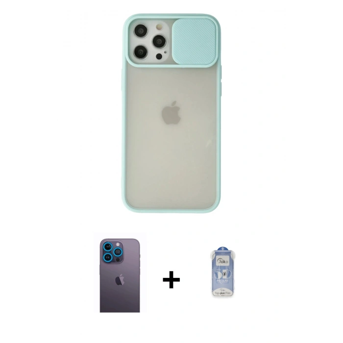 MARSİLYAN™- iPhone 12 Pro Max Kılıf Vadi Çizgi - Siyah Joko Magic 5D Cam + Mavi Neon Fosforlu Kamera Lens