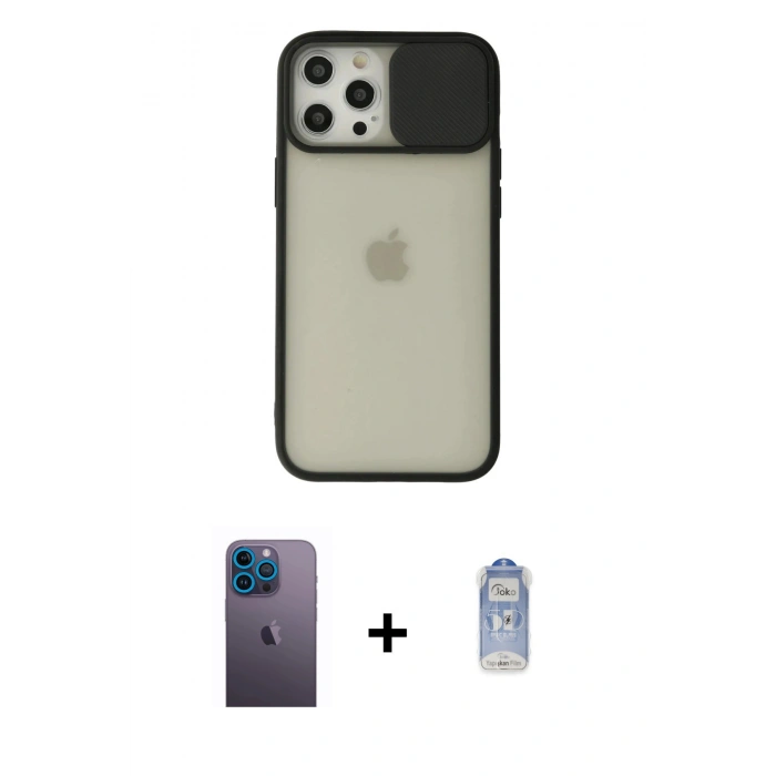 MARSİLYAN™- iPhone 12 Pro Max Kılıf Vadi Çizgi - Siyah Joko Magic 5D Cam + Mavi Neon Fosforlu Kamera Lens