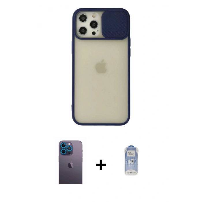 MARSİLYAN™- iPhone 12 Pro Max Kılıf Vadi Çizgi - Siyah Joko Magic 5D Cam + Mavi Neon Fosforlu Kamera Lens