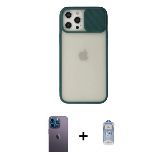 MARSİLYAN™- iPhone 12 Pro Max Kılıf Vadi Çizgi - Siyah Joko Magic 5D Cam + Mavi Neon Fosforlu Kamera Lens
