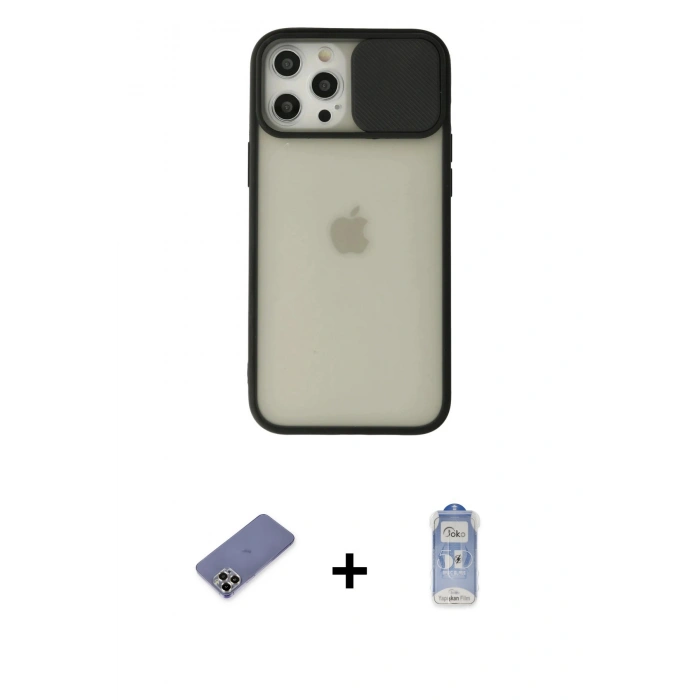 MARSİLYAN™- iPhone 12 Pro Max Kılıf Vadi Çizgi - Siyah Joko Magic 5D Cam + Metal Kamera Lens Koruma Cam - GD