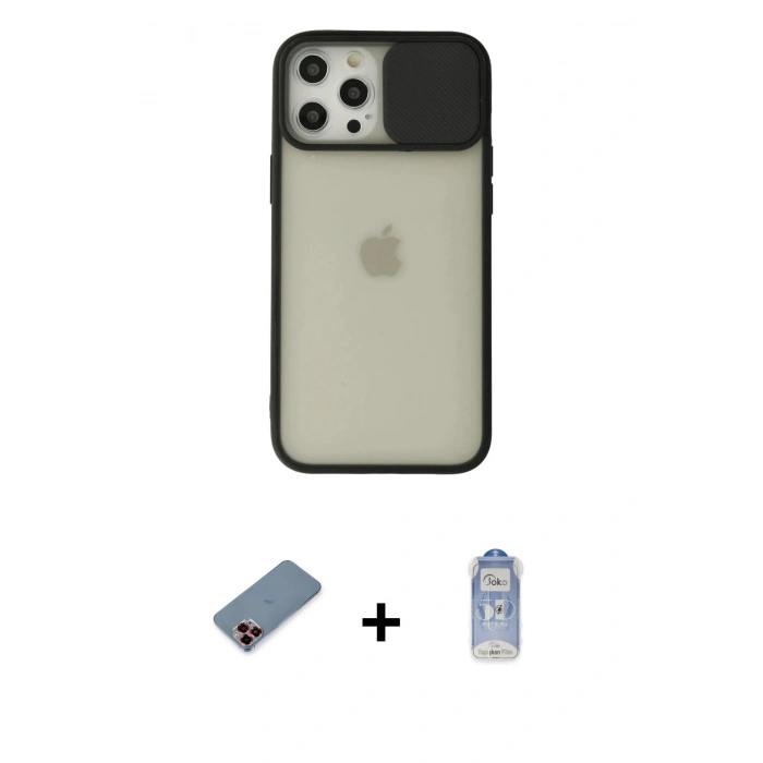 MARSİLYAN™- iPhone 12 Pro Max Kılıf Vadi Çizgi - Siyah Joko Magic 5D Cam + Metal Kamera Lens Koruma Cam - KI