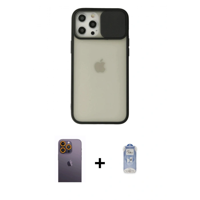 MARSİLYAN™- iPhone 12 Pro Max Kılıf Vadi Çizgi - Siyah Joko Magic 5D Cam + Neon Fosforlu Kamera Lens - SI