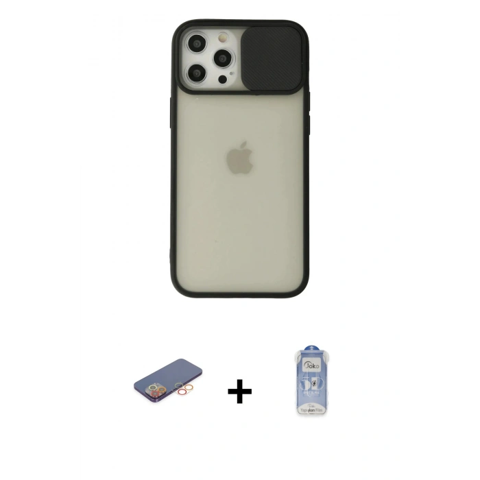 MARSİLYAN™- iPhone 12 Pro Max Kılıf Vadi Çizgi - Siyah Joko Magic 5D Cam + Renkli Kamera Lens Koruma Cam - TU