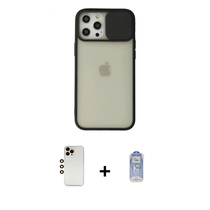 MARSİLYAN™- iPhone 12 Pro Max Kılıf Vadi Çizgi - Siyah Joko Magic 5D Cam + Shine Kamera Lens - GD