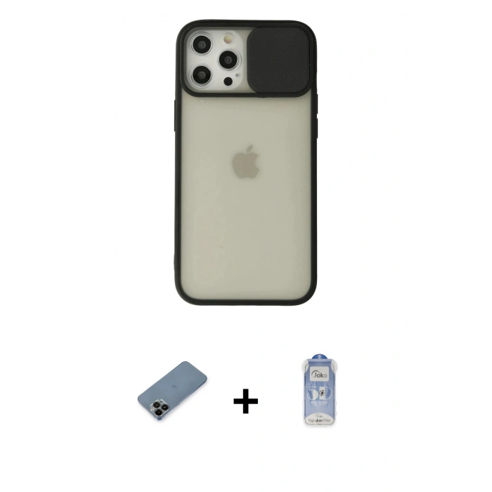 MARSİLYAN™- iPhone 12 Pro Max Kılıf Vadi Çizgi - Siyah Joko Magic 5D Cam + Shine Kamera Lens Koruma Cam - SH