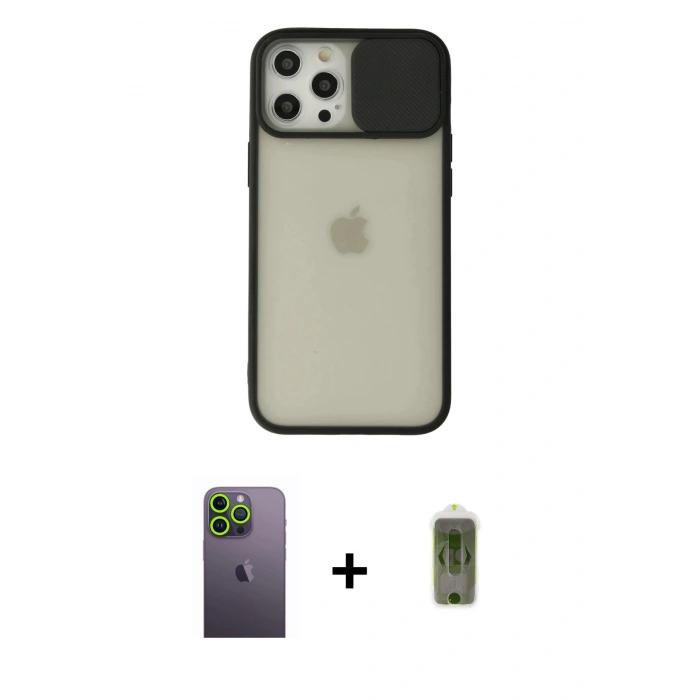 MARSİLYAN™- iPhone 12 Pro Max Kılıf Vadi Çizgi - Siyah Joko Magic 5D Hayalet Cam + Neon Fosforlu Kamera Lens - YL