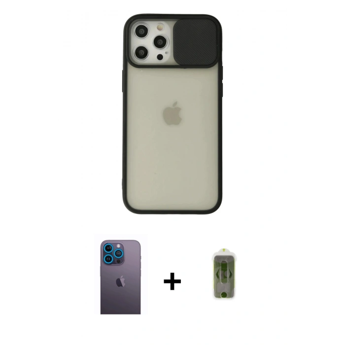 MARSİLYAN™- iPhone 12 Pro Max Kılıf Vadi Çizgi - Siyah Joko Magic 5D Hayalet Cam + Neon Fosforlu Kamera Lens - MI