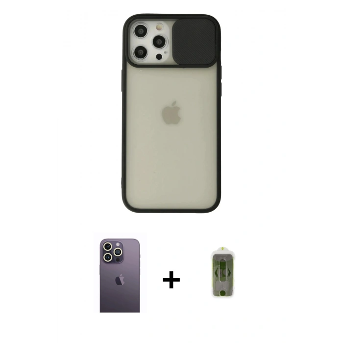 MARSİLYAN™- iPhone 12 Pro Max Kılıf Vadi Çizgi - Siyah Joko Magic 5D Hayalet Cam + Neon Fosforlu Kamera Lens - BZ
