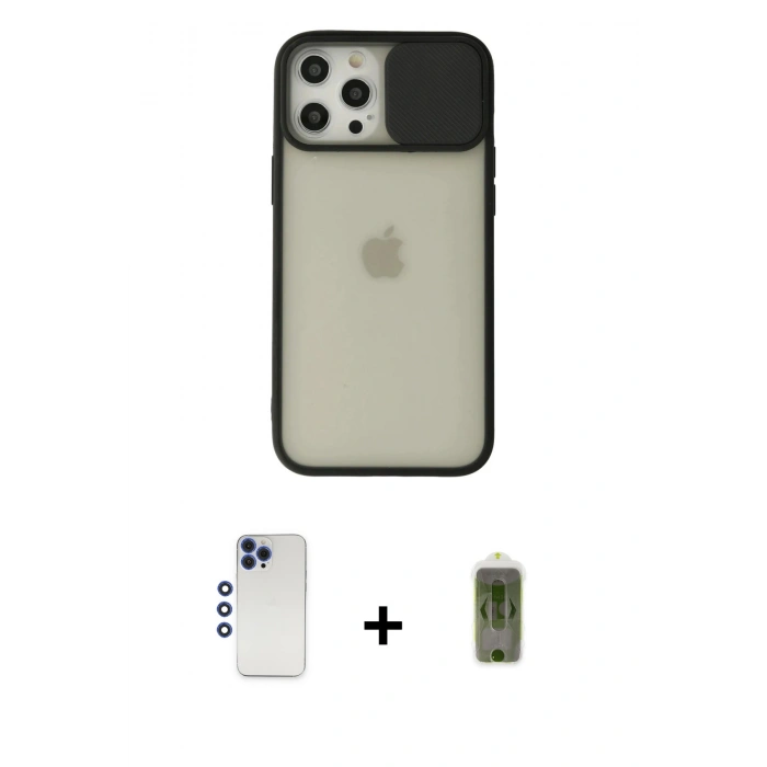 MARSİLYAN™- iPhone 12 Pro Max Kılıf Vadi Çizgi - Siyah Joko Magic 5D Hayalet Cam + Shine Kamera Lens - LT