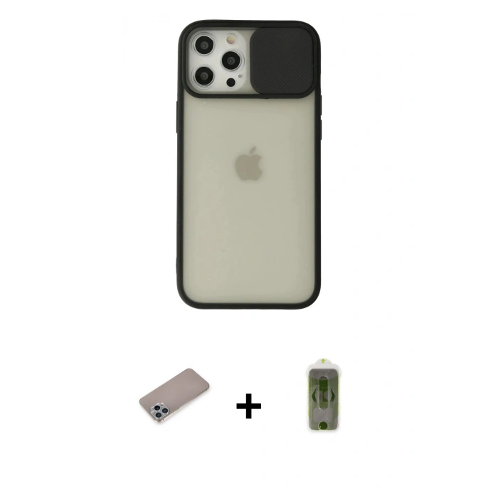 MARSİLYAN™- iPhone 12 Pro Max Kılıf Vadi Çizgi - Siyah Joko Magic 5D Hayalet Cam + Sierra Blue Shine Kamera Lens Koruma Cam