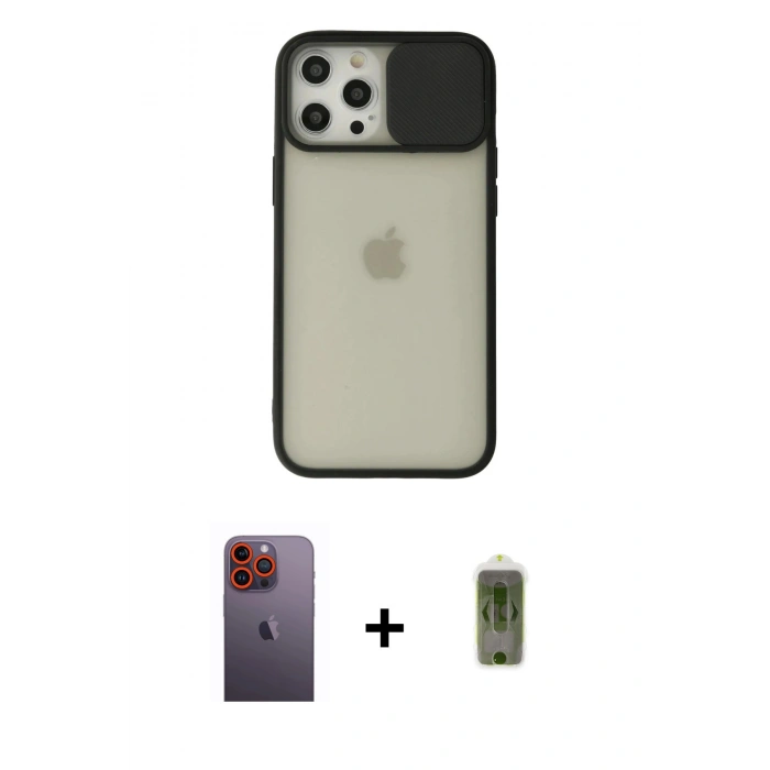 MARSİLYAN™- iPhone 12 Pro Max Kılıf Vadi Çizgi - Siyah Joko Magic 5D Hayalet Cam + Turuncu Neon Fosforlu Kamera Lens