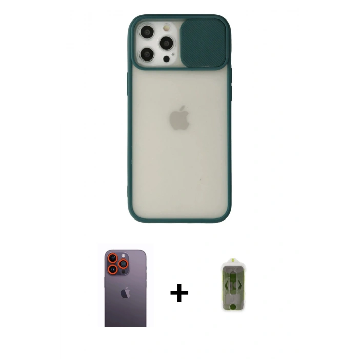 MARSİLYAN™- iPhone 12 Pro Max Kılıf Vadi Çizgi - Siyah Joko Magic 5D Hayalet Cam + Turuncu Neon Fosforlu Kamera Lens