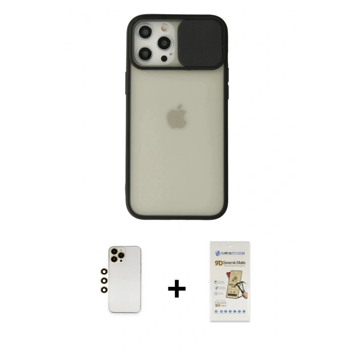 MARSİLYAN™- iPhone 12 Pro Max Kılıf Vadi Çizgi - Siyah Mat Seramik Nano Ekran Koruyucu + Shine Kamera Lens - GD