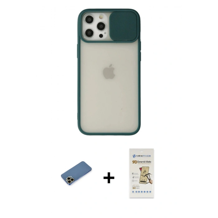 MARSİLYAN™- iPhone 12 Pro Max Kılıf Vadi Çizgi - Siyah Mat Seramik Nano Ekran Koruyucu + Shine Kamera Lens Koruma Cam - GD