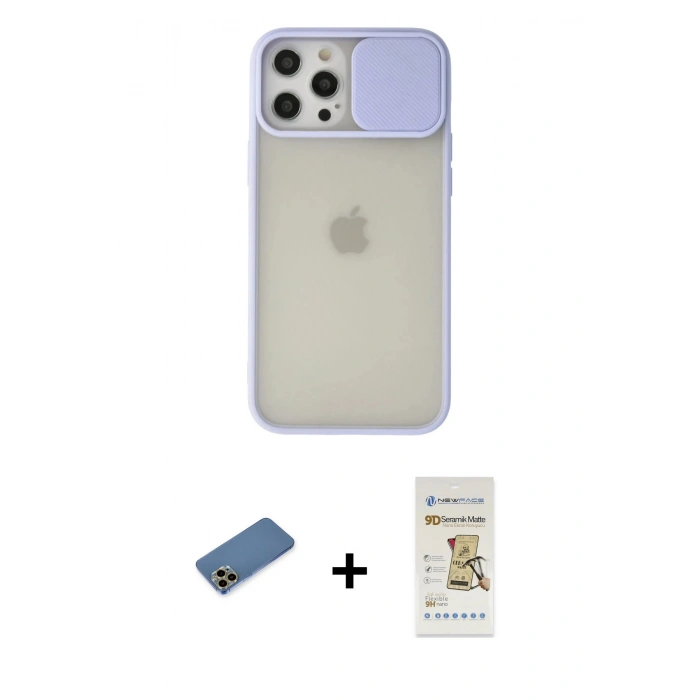 MARSİLYAN™- iPhone 12 Pro Max Kılıf Vadi Çizgi - Siyah Mat Seramik Nano Ekran Koruyucu + Shine Kamera Lens Koruma Cam - GD