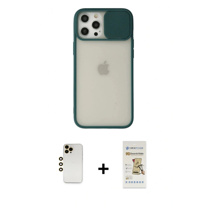 MARSİLYAN™- iPhone 12 Pro Max Kılıf Vadi Çizgi - Siyah Mat Seramik Nano Ekran Koruyucu + Shine Kamera Lens - GD