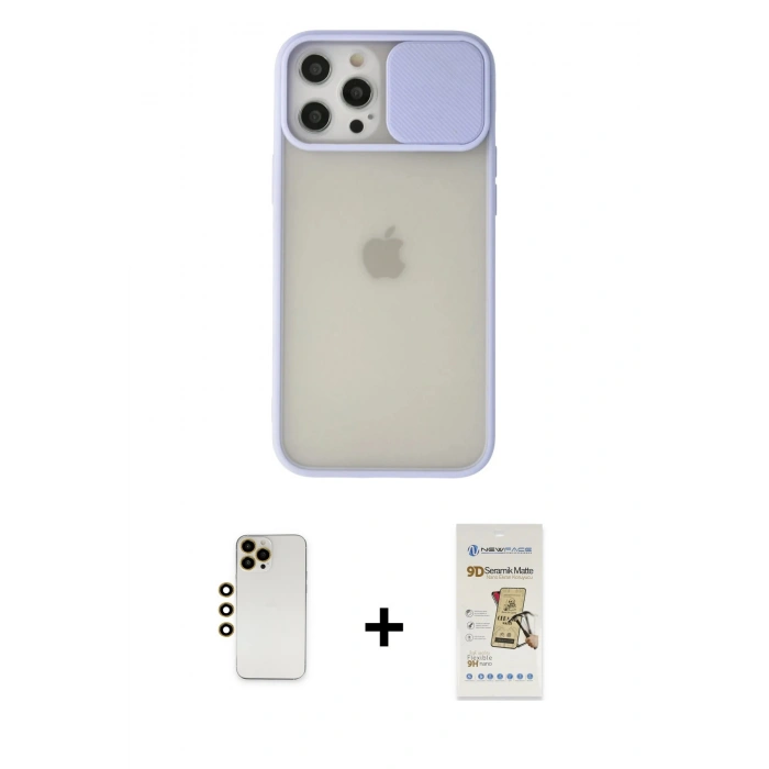 MARSİLYAN™- iPhone 12 Pro Max Kılıf Vadi Çizgi - Siyah Mat Seramik Nano Ekran Koruyucu + Shine Kamera Lens - GD