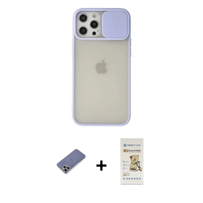 MARSİLYAN™- iPhone 12 Pro Max Kılıf Vadi Çizgi - Siyah Mat Seramik Nano Ekran Koruyucu + Metal Kamera Lens Koruma Cam - GD
