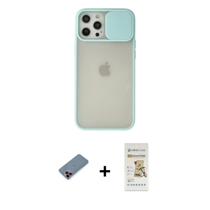 MARSİLYAN™- iPhone 12 Pro Max Kılıf Vadi Çizgi - Siyah Mat Seramik Nano Ekran Koruyucu + Metal Kamera Lens Koruma Cam - KI