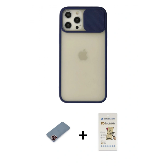MARSİLYAN™- iPhone 12 Pro Max Kılıf Vadi Çizgi - Siyah Mat Seramik Nano Ekran Koruyucu + Metal Kamera Lens Koruma Cam - KI