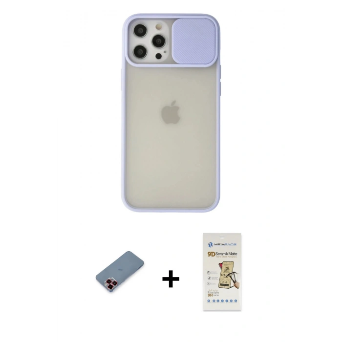 MARSİLYAN™- iPhone 12 Pro Max Kılıf Vadi Çizgi - Siyah Mat Seramik Nano Ekran Koruyucu + Metal Kamera Lens Koruma Cam - KI