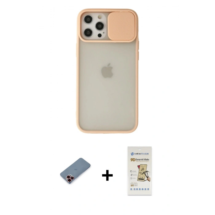 MARSİLYAN™- iPhone 12 Pro Max Kılıf Vadi Çizgi - Siyah Mat Seramik Nano Ekran Koruyucu + Metal Kamera Lens Koruma Cam - KI