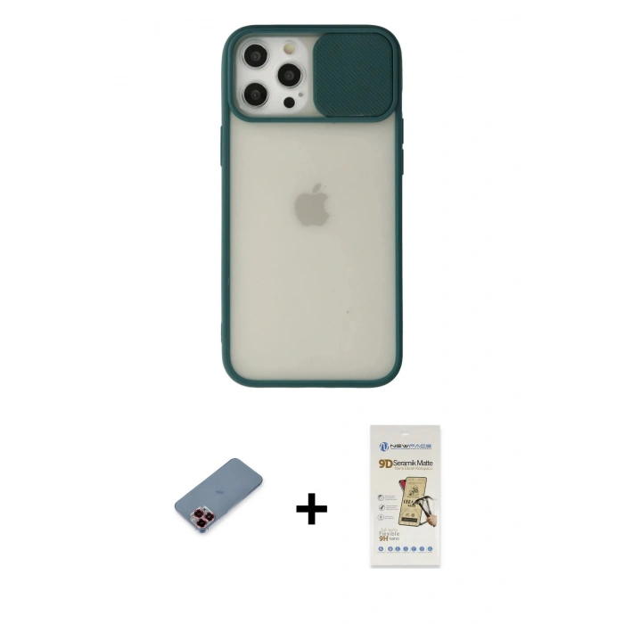 MARSİLYAN™- iPhone 12 Pro Max Kılıf Vadi Çizgi - Siyah Mat Seramik Nano Ekran Koruyucu + Metal Kamera Lens Koruma Cam - KI