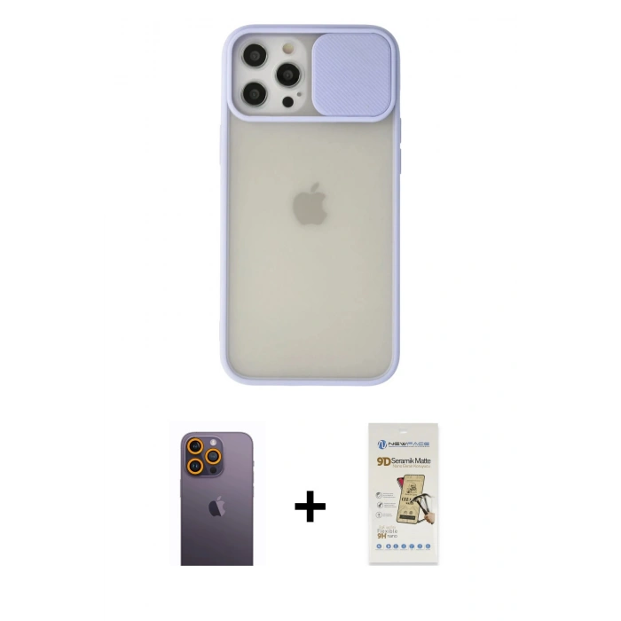 MARSİLYAN™- iPhone 12 Pro Max Kılıf Vadi Çizgi - Siyah Mat Seramik Nano Ekran Koruyucu + Neon Fosforlu Kamera Lens - SI