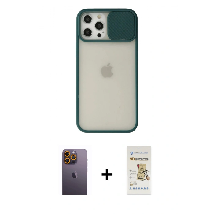 MARSİLYAN™- iPhone 12 Pro Max Kılıf Vadi Çizgi - Siyah Mat Seramik Nano Ekran Koruyucu + Neon Fosforlu Kamera Lens - SI