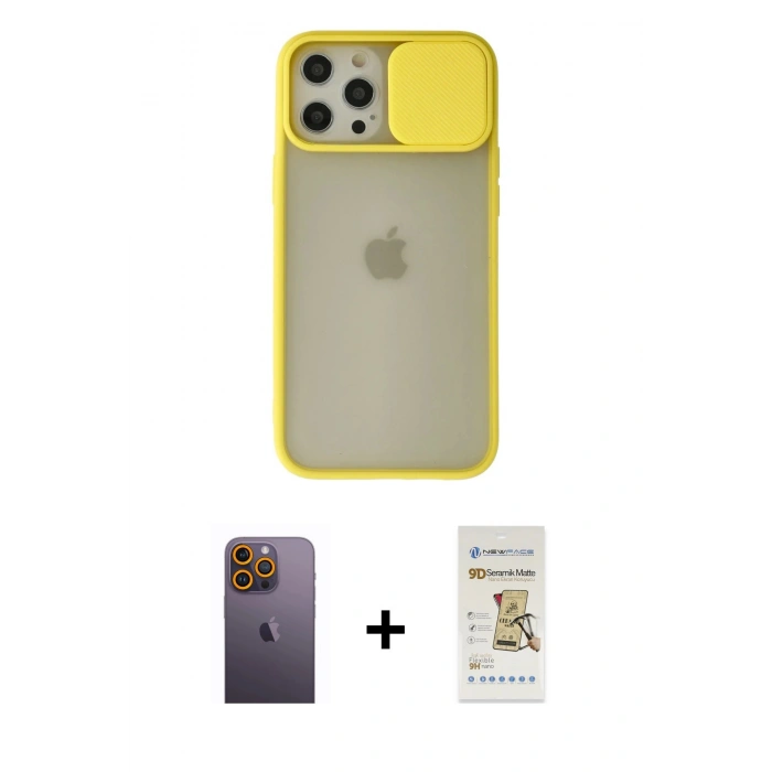 MARSİLYAN™- iPhone 12 Pro Max Kılıf Vadi Çizgi - Siyah Mat Seramik Nano Ekran Koruyucu + Neon Fosforlu Kamera Lens - SI